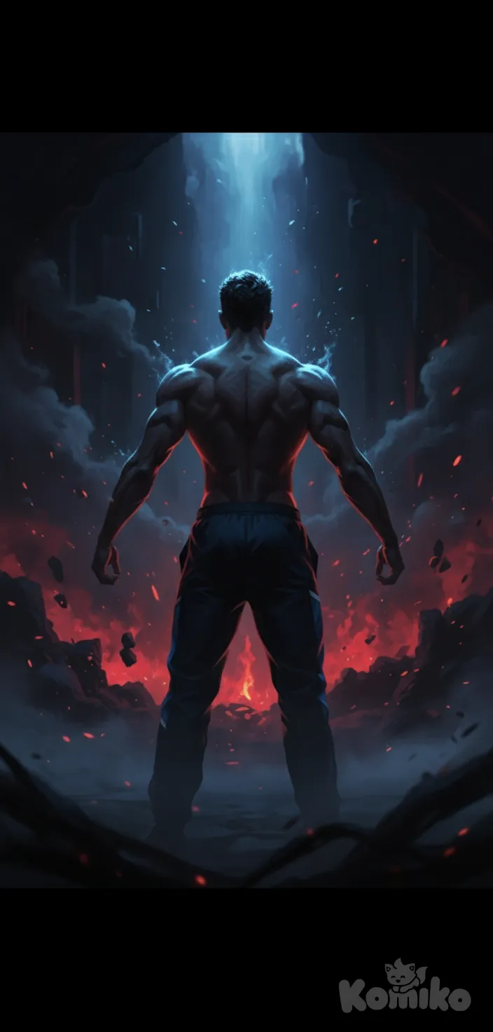A dark epic wallpaper of a powerful muscular male silhouette seen from the back, standing in a mysterious dark environment. The scene is illuminated with dramatic blue and red glowing lights, with shadows emphasizing the V-shaped back. Mist, smoke and particles in the air create a cinematic atmosphere. The style is hyper-photorealistic mixed with digital painting, epic fantasy vibes, high contrast, ultra HD.
, anime style