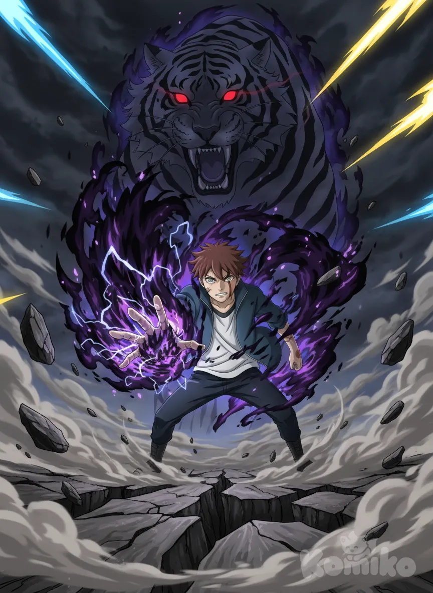 <tora-orengi-rtnG>“Intense anime scene: the boy unleashes a devastating attack surrounded by an aura of black fire, while the ground cracks and wind swirls violently around him. Behind him, the spiritual silhouette of a colossal tiger appears, roaring with power. Energy blasts illuminate the battlefield, creating a dramatic contrast between light and dark. The camera is at a low angle, giving a sense of power and epicness.”, anime style