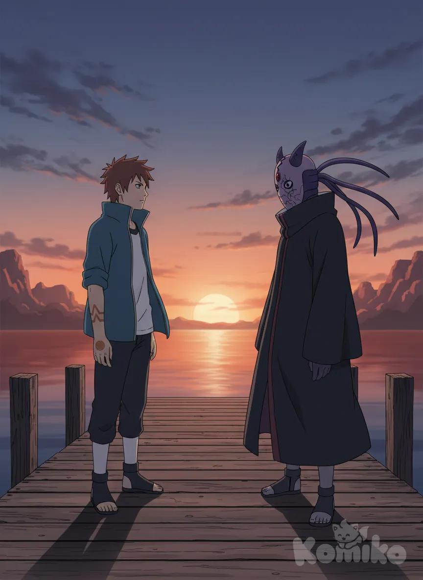 <murasaki-no-masuku-g25r>, anime screencap, wide shot, cinematic lighting, pier, head tilt, anime style, <tora-orengi-rtnG>, anime style