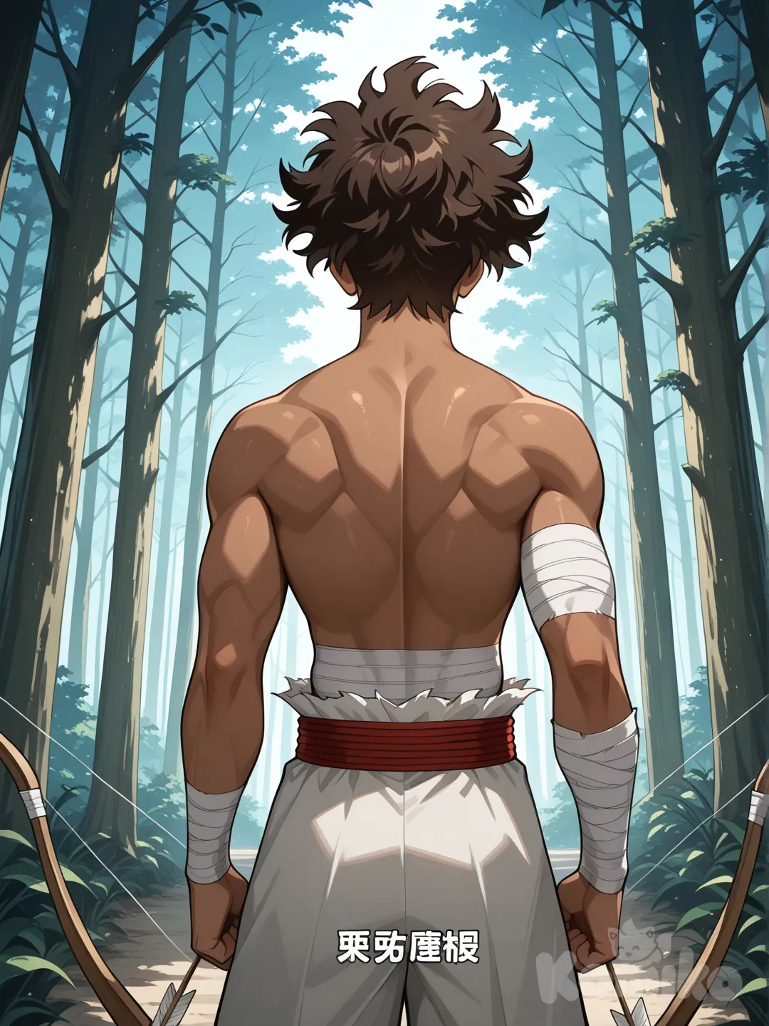 anime screencap,brown skin, boku no hero academia, brown hair, The figure has two arrows stuck in its back, and its eyes glow brightly. It wears no clothing on its upper body, but is covered in white bandages that wrap around its torso and arms, as if it were wounded. On its lower body, it wears wide, light-colored trousers, possibly white or beige, held at the waist by a sash or belt of the same material., light, forest, fluffy curls