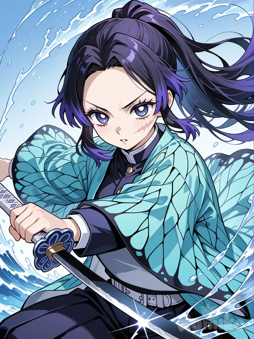 : “Девушка 17 лет, длинные индиго волосы с яркими прядями в хвосте, аниме-глаза серо голубого цвета, шрам на щеке, хаори с узором волн как в Demon Slayer, меч ничирин, стиль манги, дыхание воды .