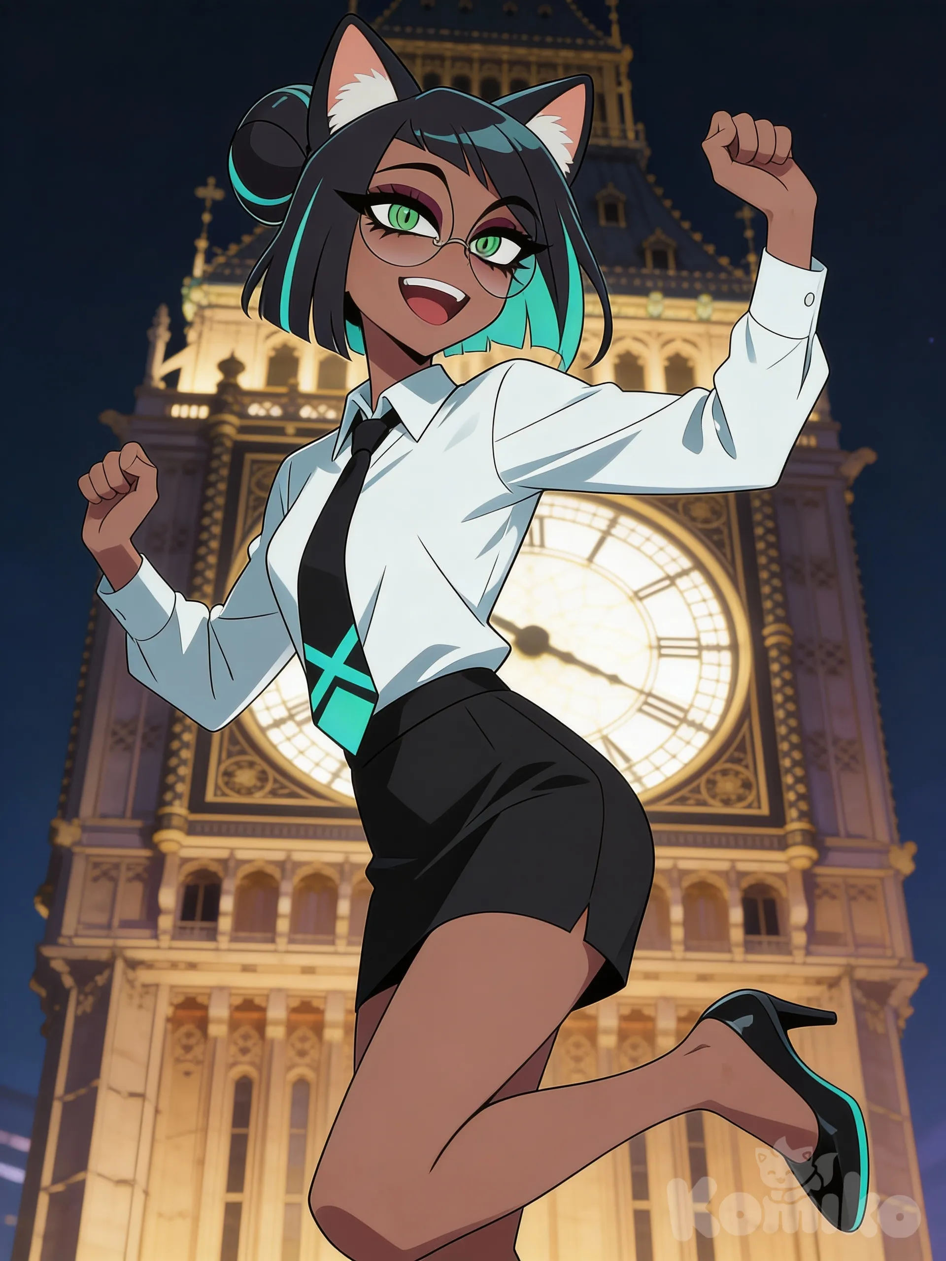 @elara-voss-f6pm, dancing, smile, cat ears, clock tower, ambient light, upper body