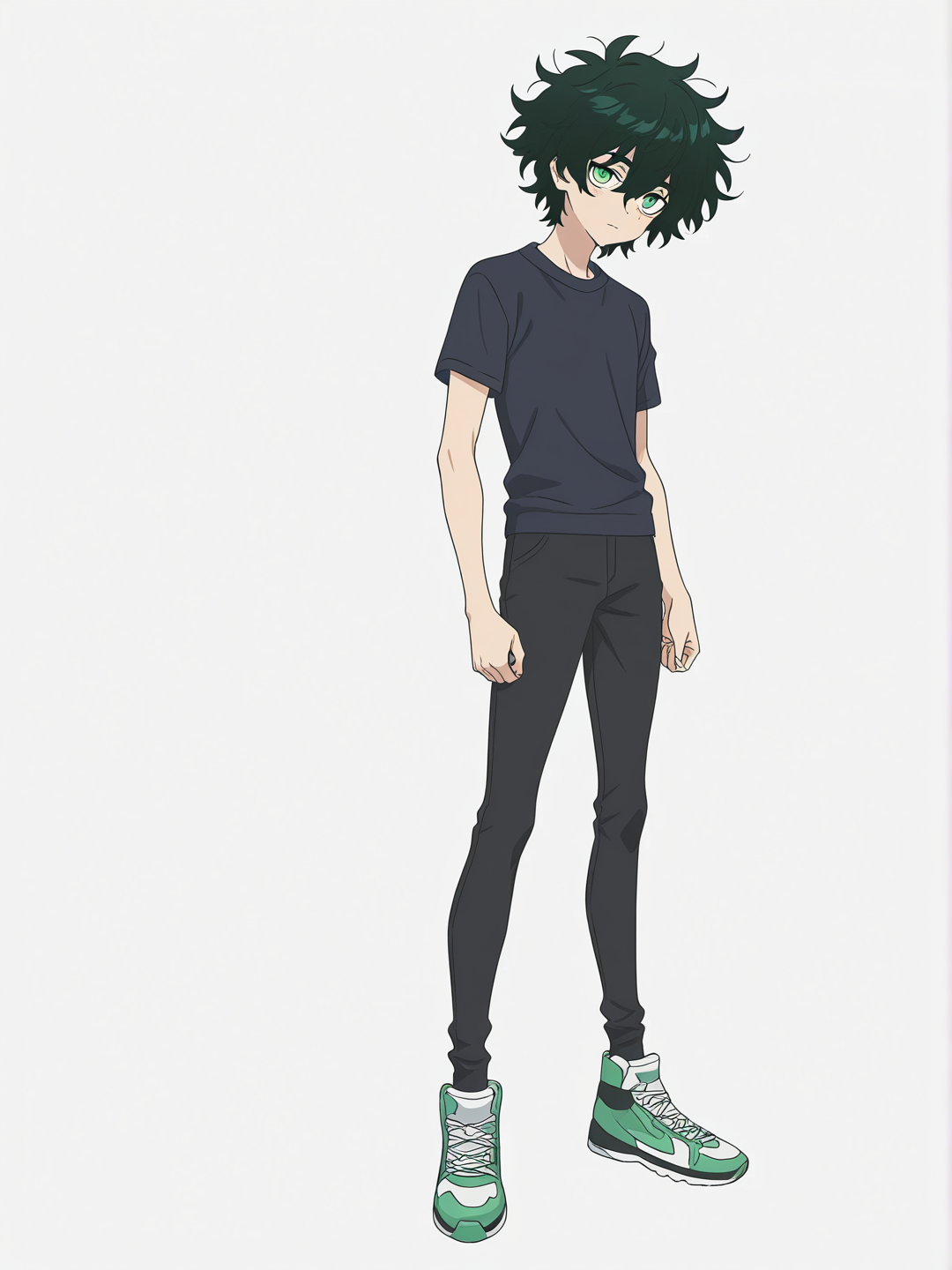 [bright-anime-style] 1boy, solo, teenager, black_hair, messy_hair, green_eyes, sharp_jawline, athletic_build, stylish_streetwear, confident, charismatic, single character, full body, looking at viewer, anime style, simple background, white background