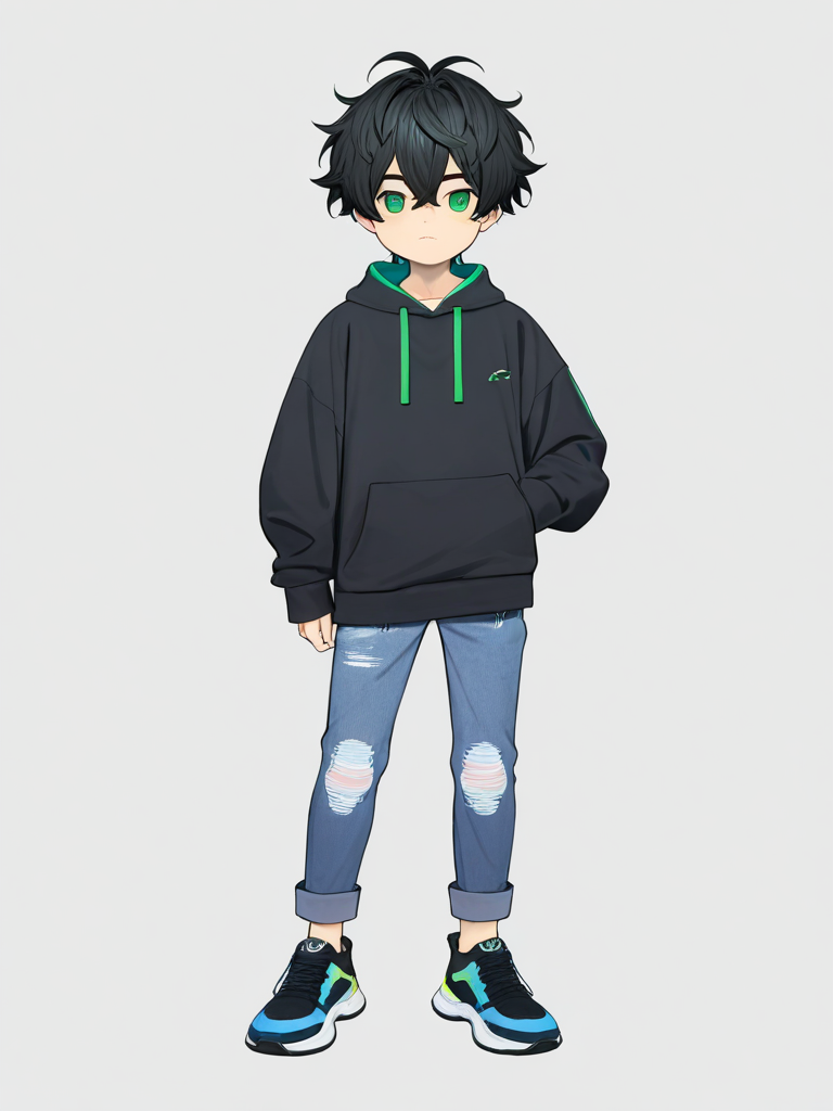 1boy, solo, teenager, black_hair, messy_hair, green_eyes, sharp_jawline, athletic_build, stylish_streetwear, confident, charismatic, single character, full body, looking at viewer, anime style, simple background, white background