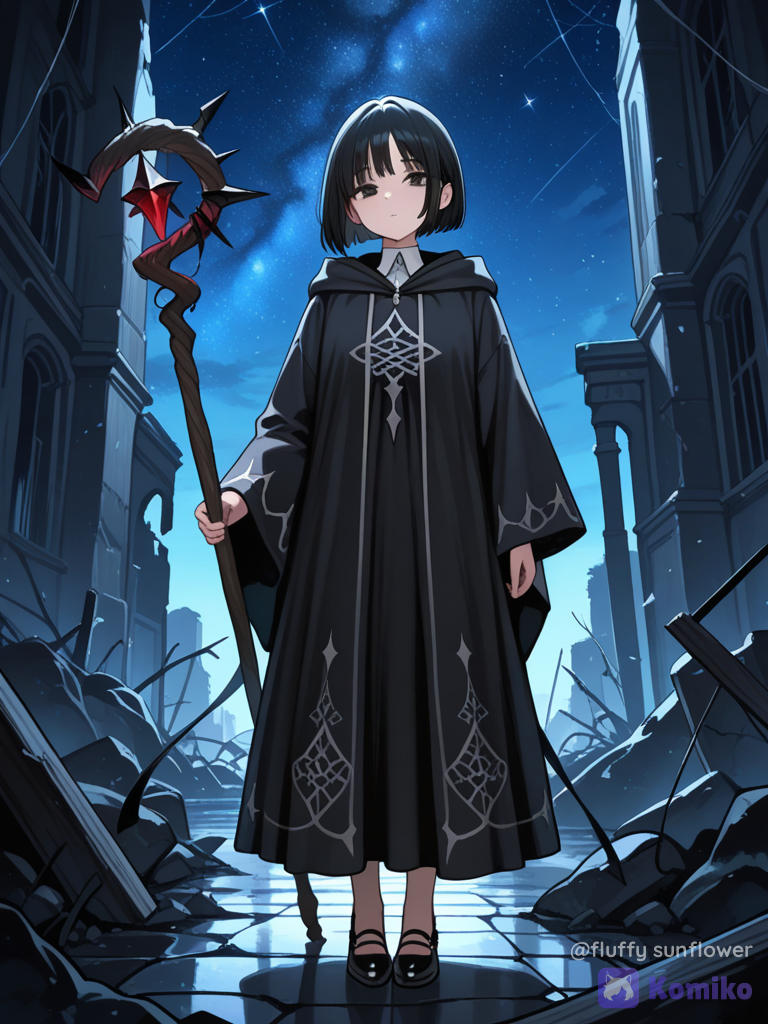 1girl, solo, short girl, short black hair, hair past ears, black eyes, dark wooden staff, corrupted world tree staff, long black robe, floating, mary jane shoes, charcoal black, front view, portrait, night, ruins, starry sky, without any hat, tuxedo, mage robe, silk, bob cut