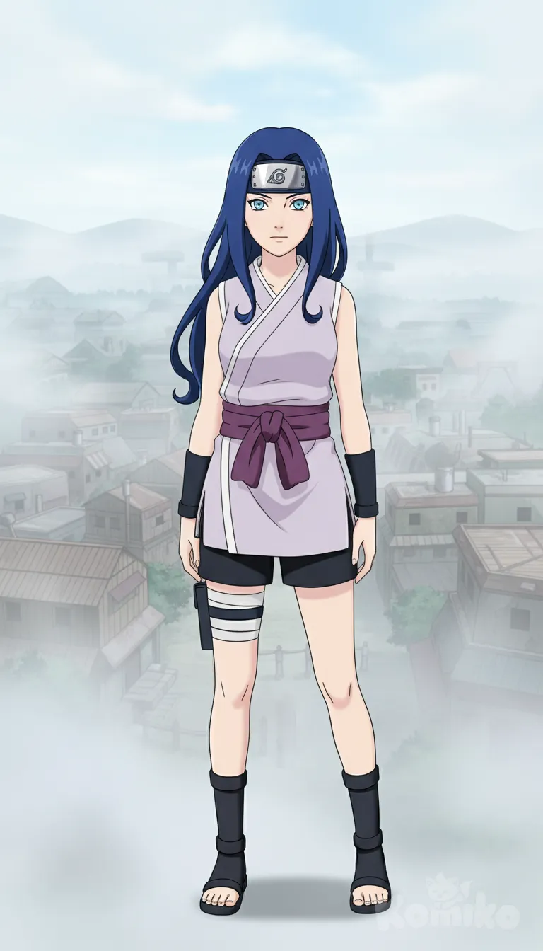 A full-body image of a 13-year-old kunoichi from the Naruto anime world, standing at a height of 1.54 meters, shown in the exact appearance presented, with her deep blue hair falling in soft, curved strands along the sides of her face and her bright pale-blue eyes giving her a calm but focused expression. She is dressed in a light lavender sleeveless tunic with white borders, tied at the waist with a large dark ribbon, and wearing black shorts, shinobi sandals, and wristbands, all in the classic Naruto anime style. Her pose must be exactly with both arms relaxed at her sides, standing naturally and confidently. The headband she wears must not be from the Hidden Leaf, but instead the Hidden Mist Village (Kirigakure) headband from the Naruto anime, clearly visible and correctly designed with the Mist symbol, and it must be only one protector, the single forehead protector she is wearing, because otherwise the generator adds another one on the neck. The background must be a complete, uninterrupted, high-quality depiction of Kirigakure, showing the misty, wooden structures and layered buildings of the village, with no cropped edges, no blank spaces, and no missing sections, maintaining full environmental integrity. The entire scene must have the exact visual style, shading, linework, clarity, HD finish, coloring, and overall aesthetic of the official Naruto anime, including its characteristic soft gradients and clean outlines. The lighting should be consistent with a bright but slightly diffused Kirigakure day, ensuring she blends naturally with the environment, with no mismatched shadows or disconnected elements. Everything must look fully coherent and integrated, with the character occupying the center of the frame in a full-body view, maintaining proportions and design accuracy true to the Naruto series.