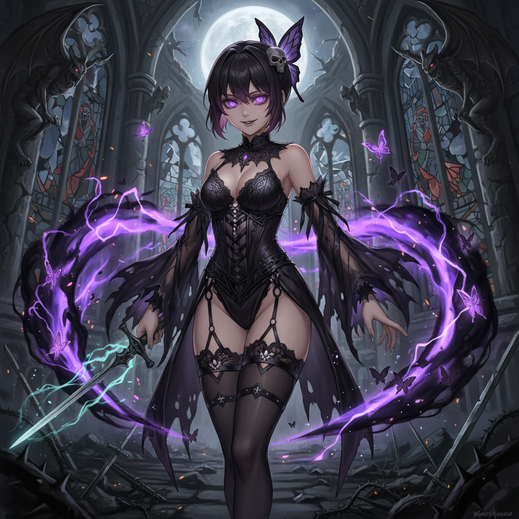 photo-referenced, Dark Souls 3 style, edgy vibes, VFX, anime style, Kochou Shinobu sexy black Gothic lingerie , gothic