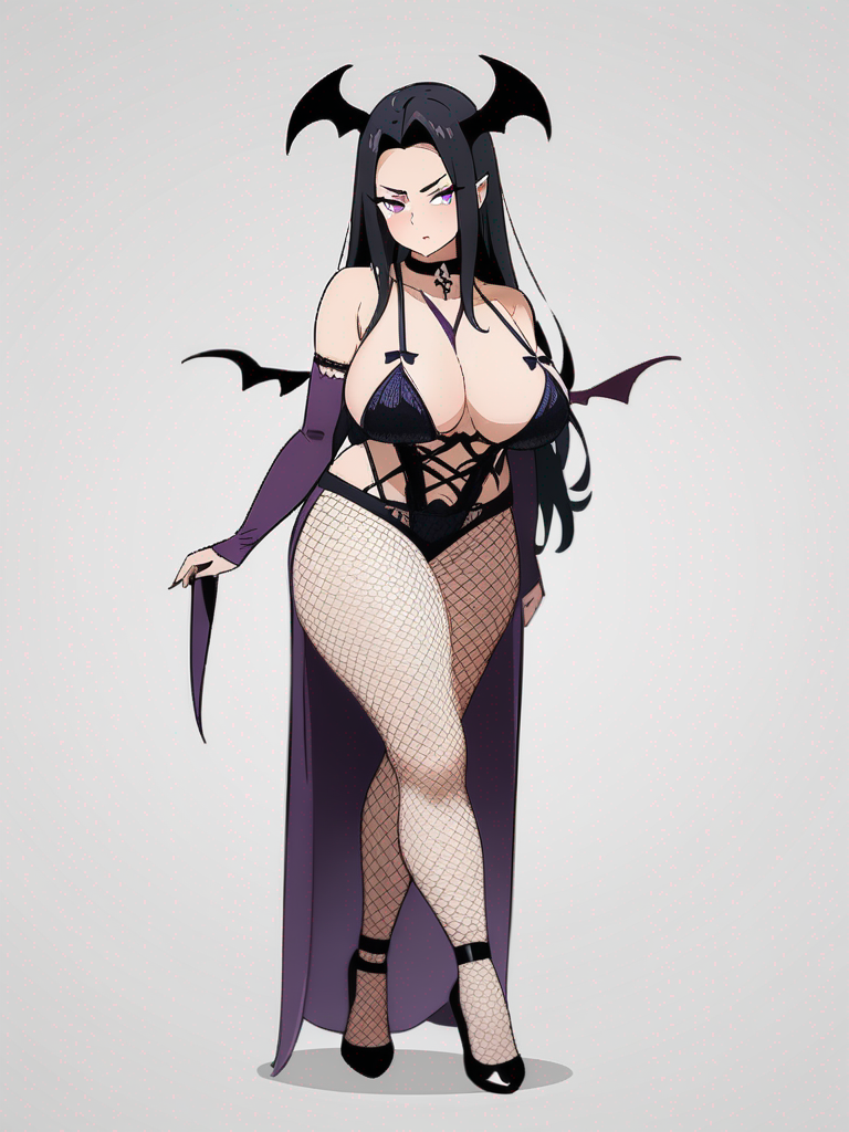 1girl, demon, succubus, mature, curvy body, long hair, straight hair, purple eyes, black hair with purple streaks, skeleton choker, gothic sexy lingerie, thick thighs, fishnet stockings, single character, full body, looking at viewer, anime style, simple background, white background