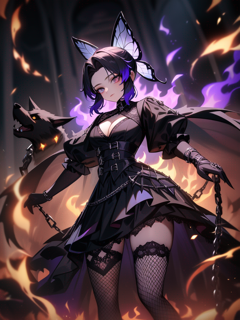Kochou Shinobu, gothic, hell hound, chains, flames, gothic fashion, demon dog, fire, fiery background, cleavage, fishnet stockings, dark aura, clothing, intricate details, supernatural, enchanted flames, shadowy ambiance, chain accessories