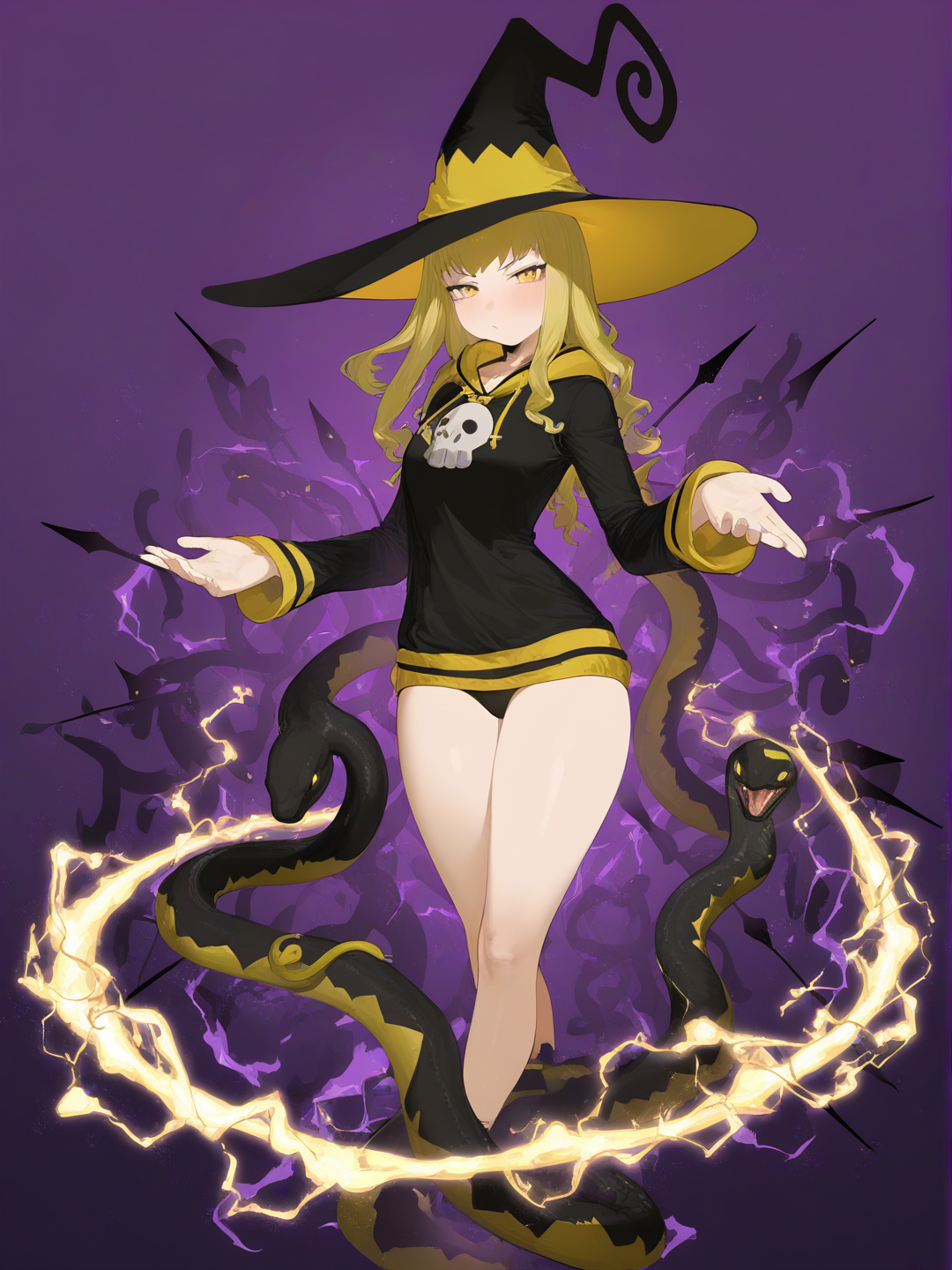 medusa the gorgon, soul eater, blonde hair, gold eyes, witch hat, black and yellow gothic hoodie, sexy pose, panties, snakes, black arrows, magic, [moody-glow-style]