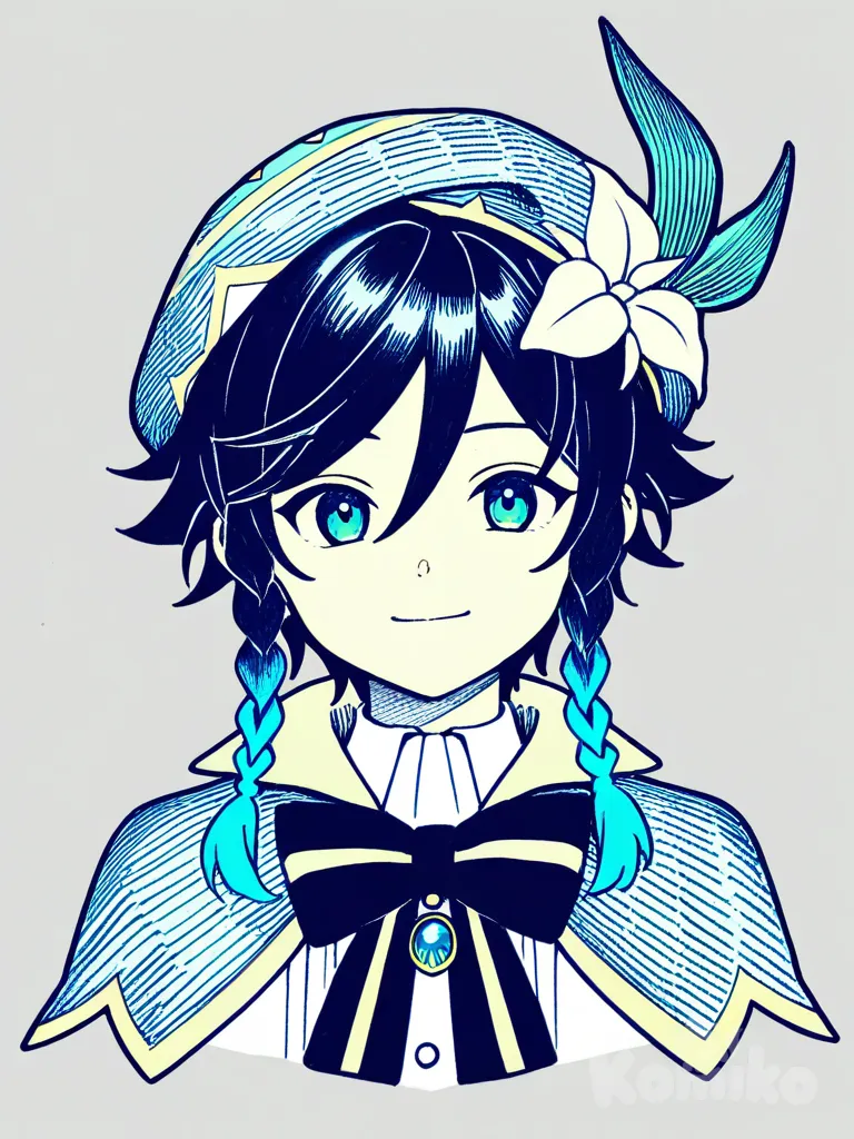 [desaturated-illustration-style], comic shading, anime coloring, hatching (texture), @Venti_(Genshin_Impact)