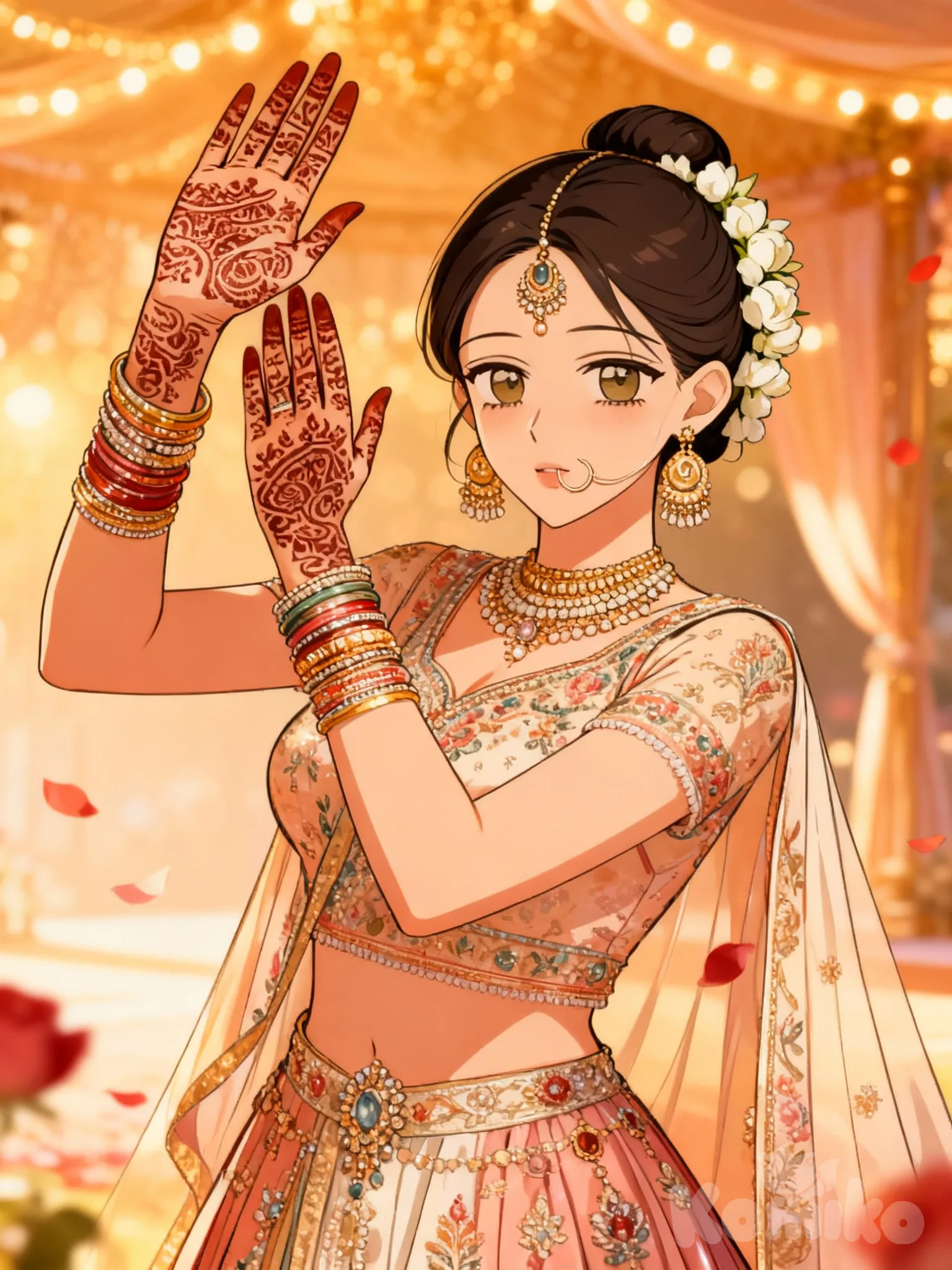 Don’t change the Manhwa art or her face “Manhwa-style illustration of an Indian bride dressed in a traditional bridal lehenga with intricate embroidery and soft jeweled details. She lifts both hands gracefully toward the camera to show her mehendi, palms forward, decorated with henna patterns covering her hands and wrists. Her expression is gentle and shy, with soft blush, long lashes, and sparkling expressive Manhwa eyes. She wears bridal jewelry — maang tikka, jhumkas, bangles, and a delicate nose ring — all kept in Manhwa art style. Her hair is styled in a neat bridal bun with fresh flowers, don’t change hair colour which is green .
Background: warm golden wedding lights, soft bokeh, floating petals, and a subtle mandap setting. Maintain clean Manhwa line art, rich colors, glossy highlights, and elegant shading while keeping the look authentically Indian and beautifully romantic.”