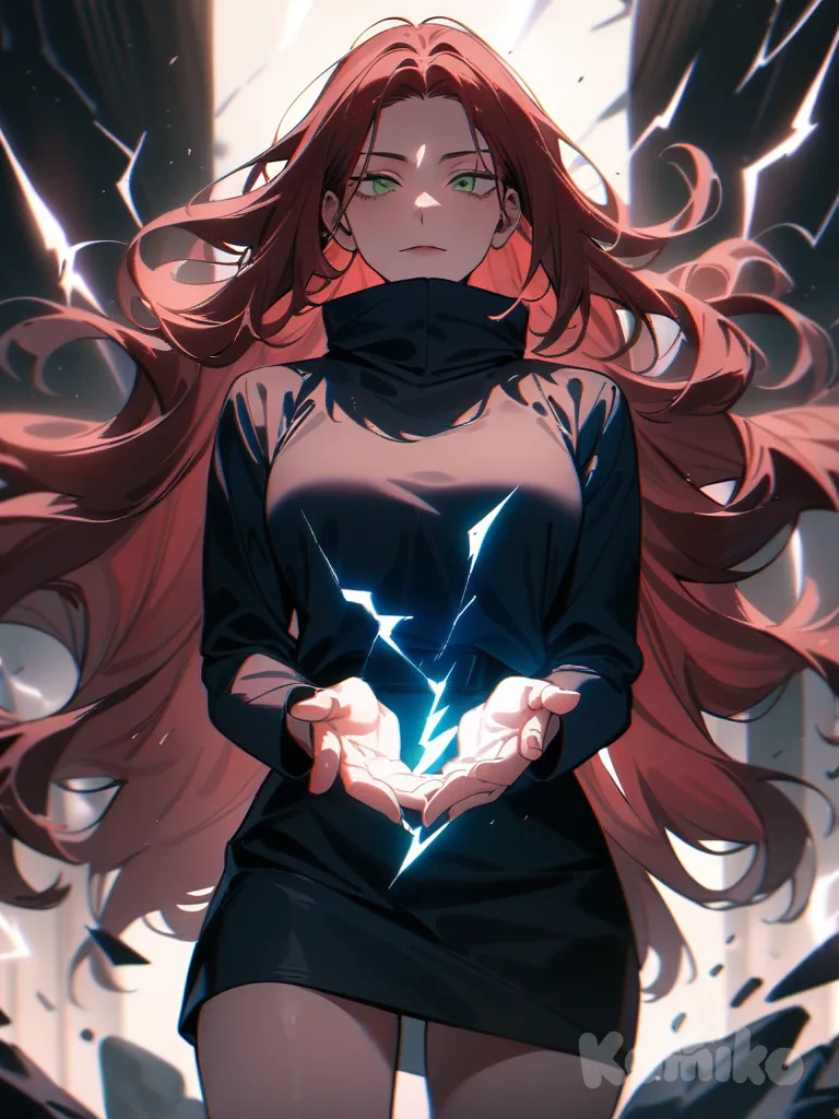 jujutsu kaisen, long hair, red wavy hair, green eyes, lightning bolt out of her hands