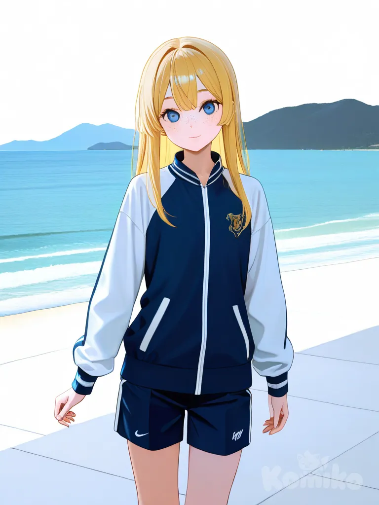 1girl, solo, blonde_hair, blue_eyes, freckles, pale_skin, athletic, teenager, varsity_jacket, beach_shorts, full_body, looking_at_viewer, anime_style, simple_background, white_background