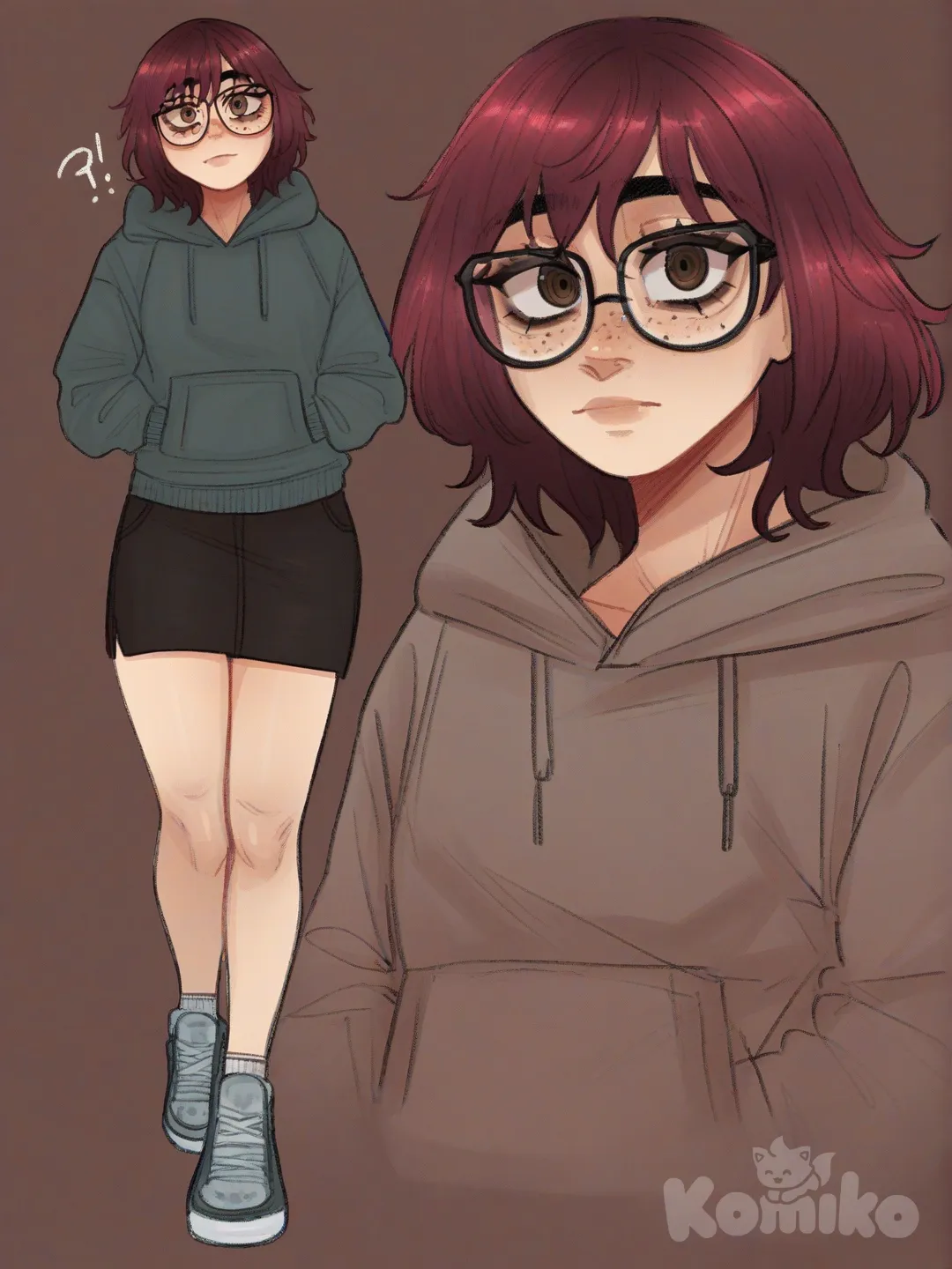 [soft-shaded-moe-style] 1girl, moe, soft_shading, teen, athletic, red_hair, brown_eyes, freckles, tan_skin, hoodie, pencil_skirt, glasses, single character, full body, looking at viewer, simple background, white background