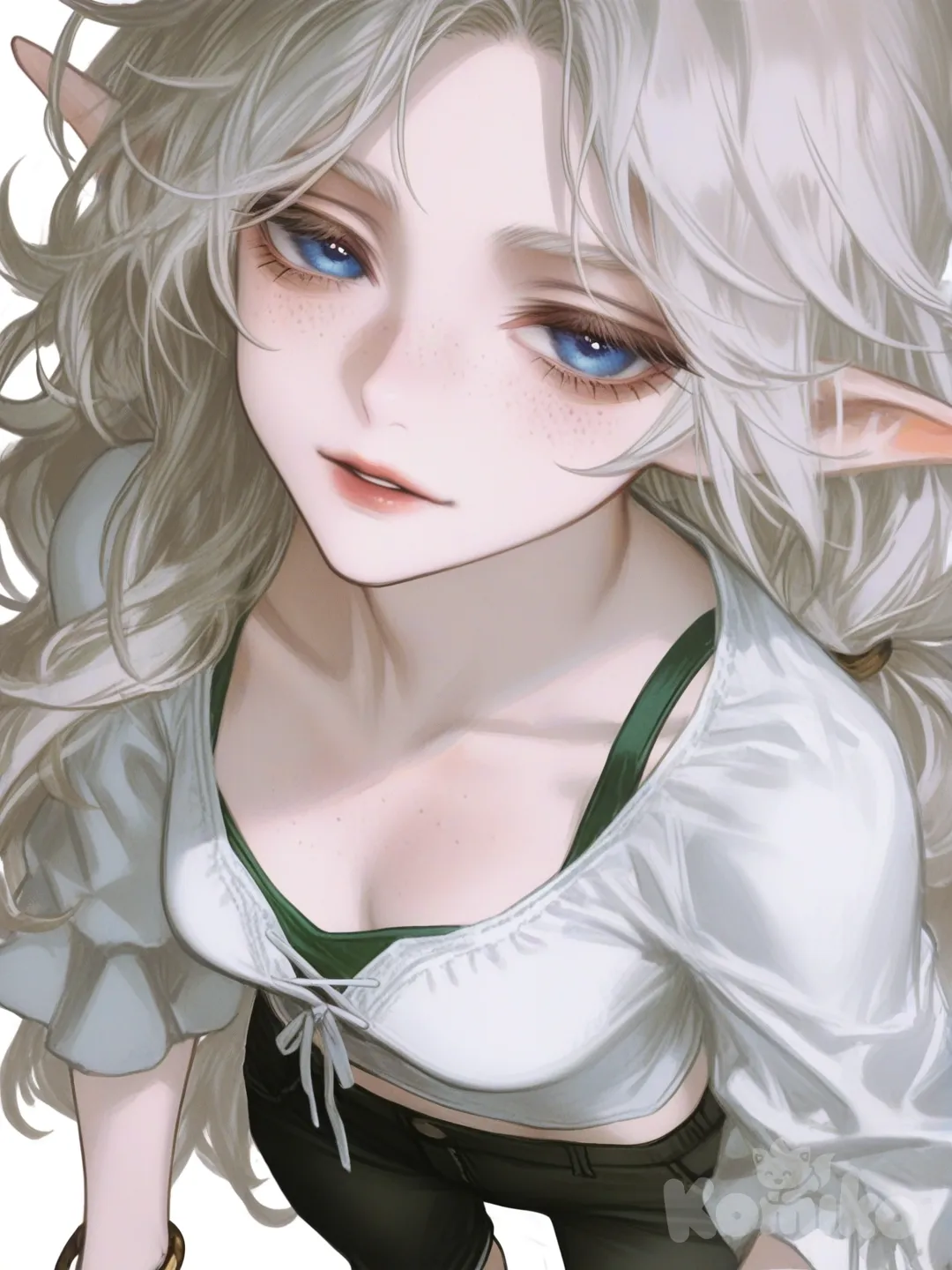 [semi-realistic-portrait-style] 1girl, elf, teenager, athletic, off-white hair, long hair, blue eyes, freckles, pale skin, bohemian shirt, capri pants, jewelry, single character, full body, looking at viewer, anime style, simple background, white background