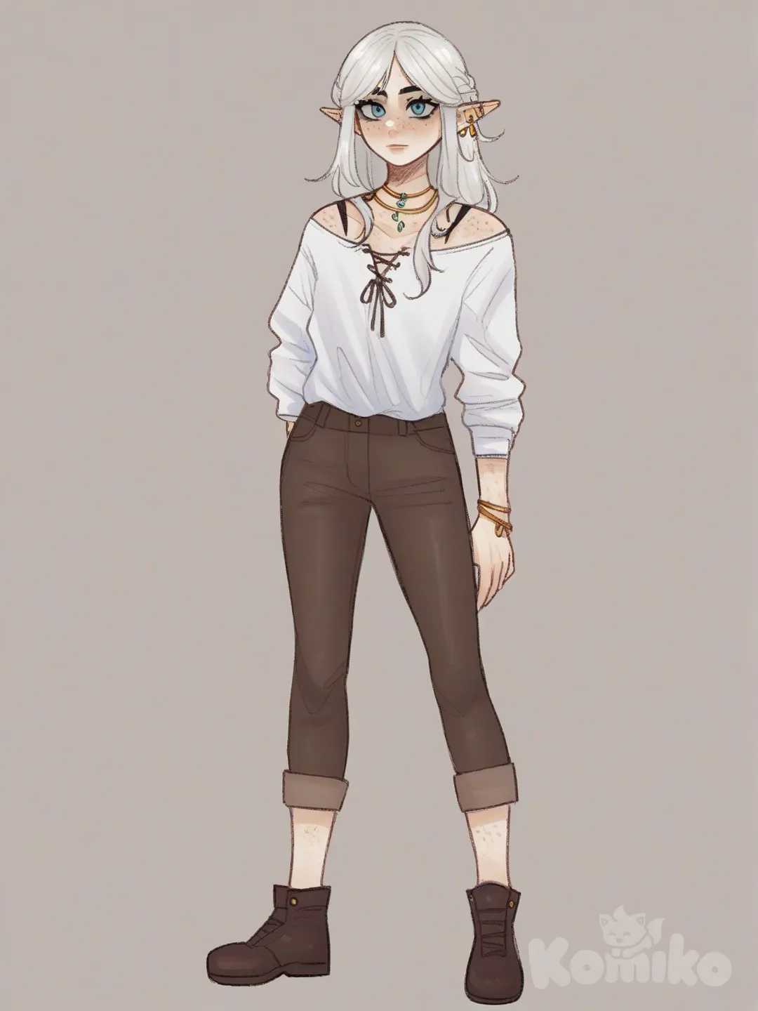 [soft-shaded-moe-style] 1girl, elf, teenager, athletic, off-white hair, long hair, blue eyes, freckles, pale skin, bohemian shirt, capri pants, jewelry, single character, full body, looking at viewer, anime style, simple background, white background