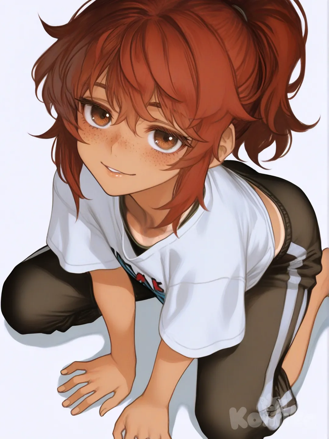 [semi-realistic-portrait-style] 1girl, teenager, child, petite, red hair, brown hair, ponytail, brown eyes, freckles, tan skin, t-shirt, wide-leg pants, single character, full body, looking at viewer, anime style, simple background, white background