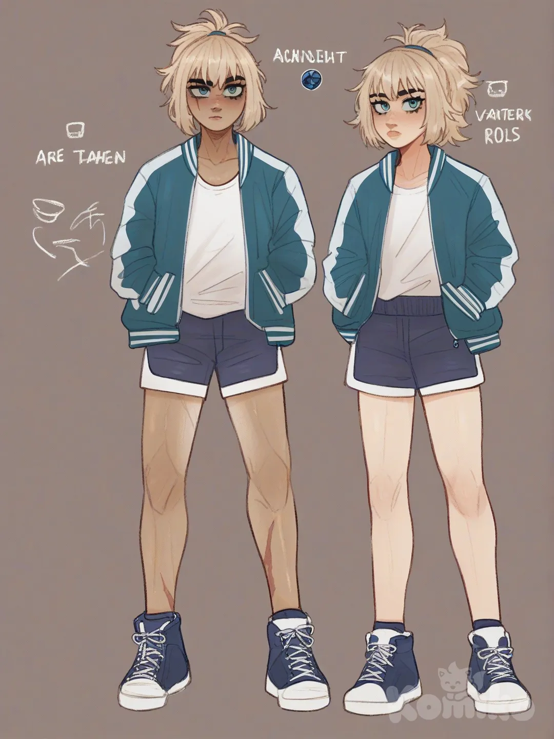 [soft-shaded-moe-style] 1girl, realistic, teenager, athletic, muscular, ponytail, blonde_hair, blue_eyes, scar, tan_skin, varsity_jacket, beach_shorts, hair_accessory, single character, full body, looking at viewer, anime style, simple background, white background