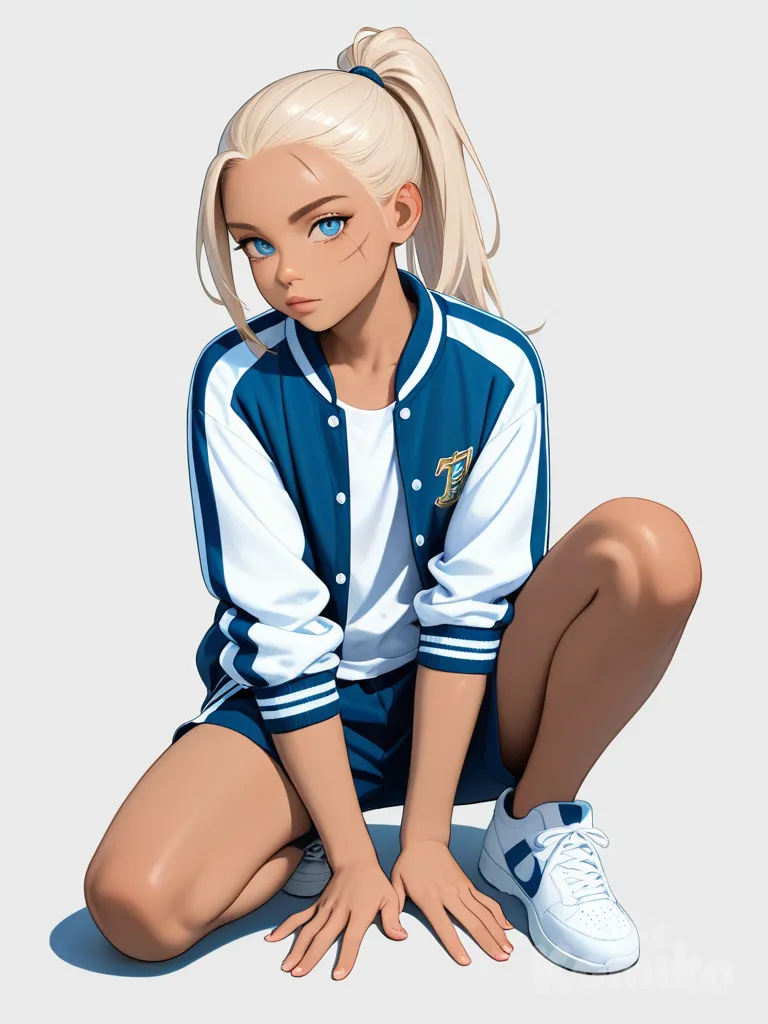 1girl, realistic, teenager, athletic, muscular, ponytail, blonde_hair, blue_eyes, scar, tan_skin, varsity_jacket, beach_shorts, hair_accessory, single character, full body, looking at viewer, anime style, simple background, white background