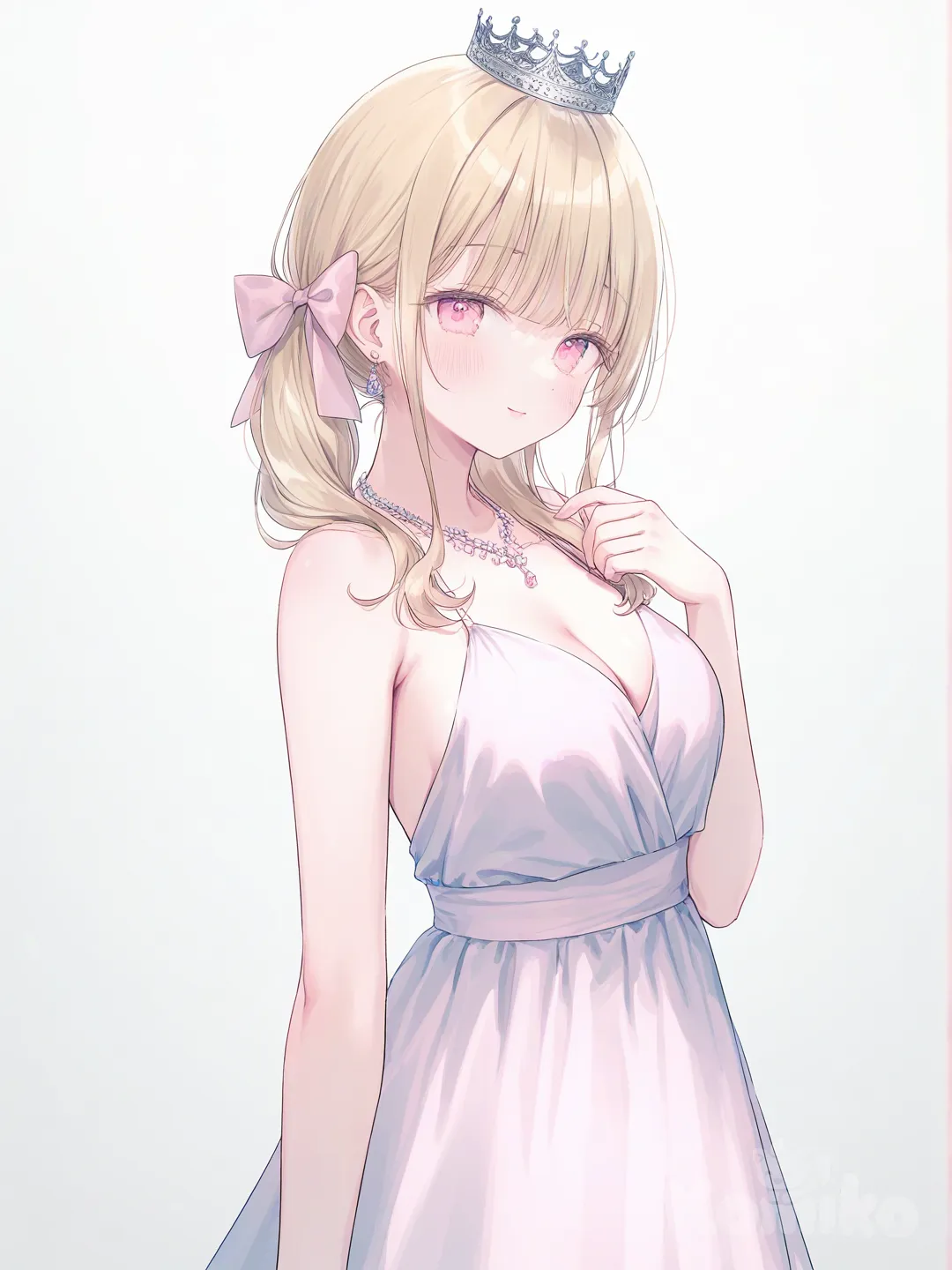 [soft-pastel-style] 1girl, mature_female, athletic, blonde_hair, pink_eyes, fair_skin, pink_dress, evening_dress, crown, hair_bow, jewelry, solo, full_body, looking_at_viewer, anime_style, simple_background, white_background