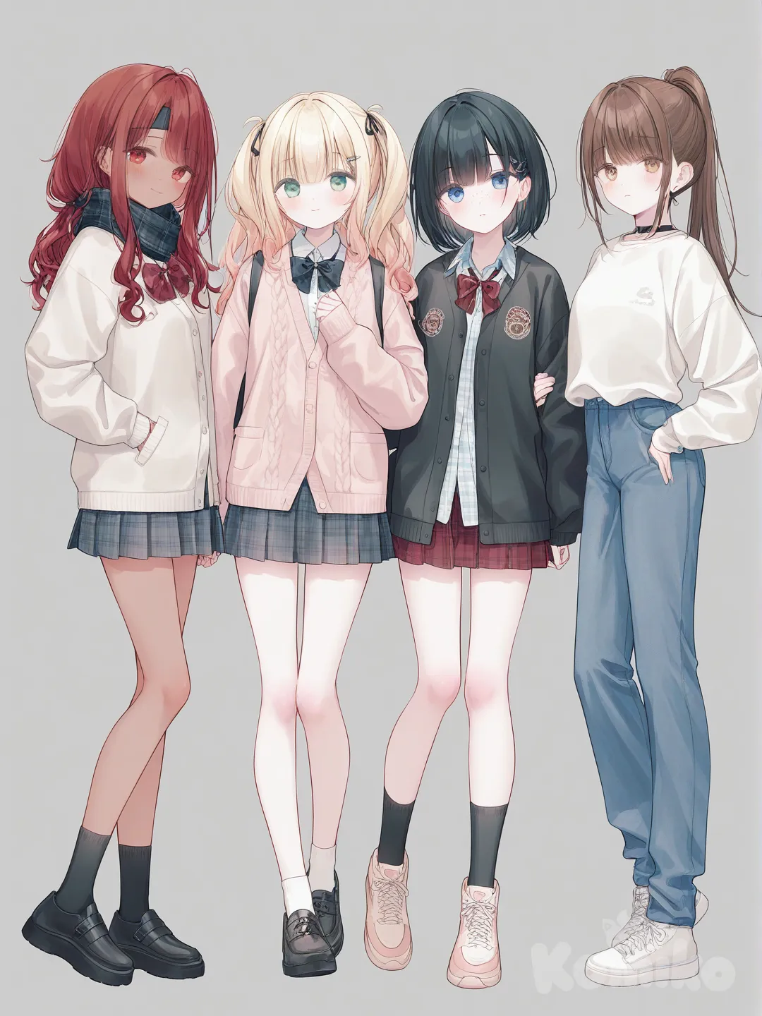 [soft-pastel-style] 4girls, teen, athletic, black_hair, brown_hair, blonde_hair, red_hair, long_hair, short_hair, curly_hair, ponytail, brown_eyes, blue_eyes, green_eyes, red_eyes, freckles, fair_skin, tanned_skin, pale_skin, t-shirt, plaid_shirt, knitted_cardigan, varsity_jacket, jeans, denim_skirt, beach_shorts, cargo_pants, headband, scarf, bow, hair_ornament, full body, looking at viewer, anime style, simple background, white background