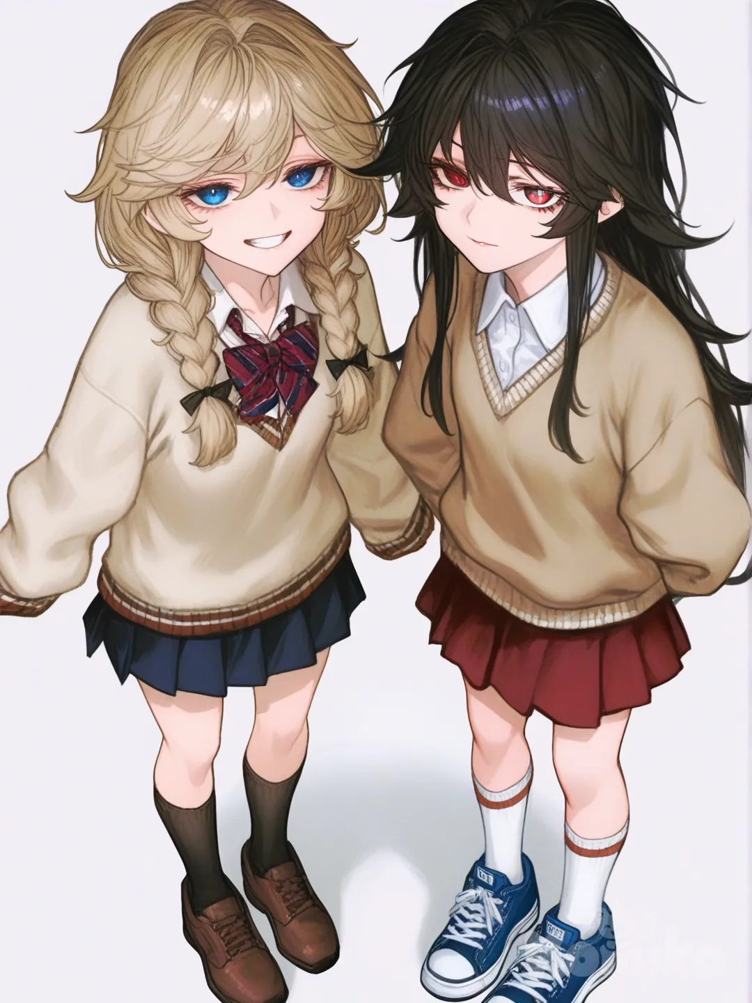 [semi-realistic-portrait-style] 2girls, heterochromia, black hair, blonde hair, long hair, braids, twin braids, red eyes, blue eyes, teenager, black dress, short dress, red skirt, white trim, black socks, knee socks, sneakers, blue shoes, beige sweater, v-neck sweater, collared shirt, white shirt, blue skirt, white socks, brown shoes, full body, looking at viewer, anime style, simple background, white background