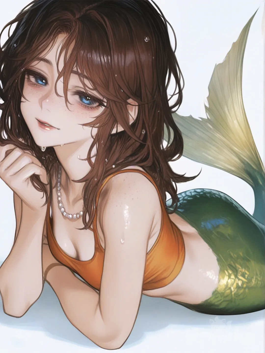 [semi-realistic-portrait-style] 1girl, mermaid, teenager, athletic, brown hair, wet hair, blue eyes, freckles, tan skin, diamonds, pearls, jewelry, single character, full body, looking at viewer, anime style, simple background, white background