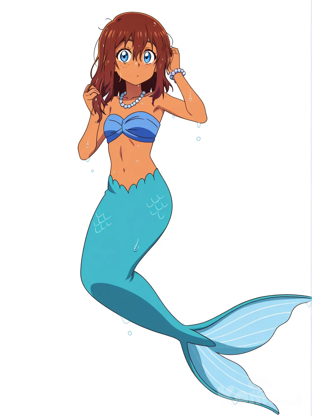 [pop-anime-style] 1girl, mermaid, teenager, athletic, brown hair, wet hair, blue eyes, freckles, tan skin, diamonds, pearls, jewelry, single character, full body, looking at viewer, anime style, simple background, white background