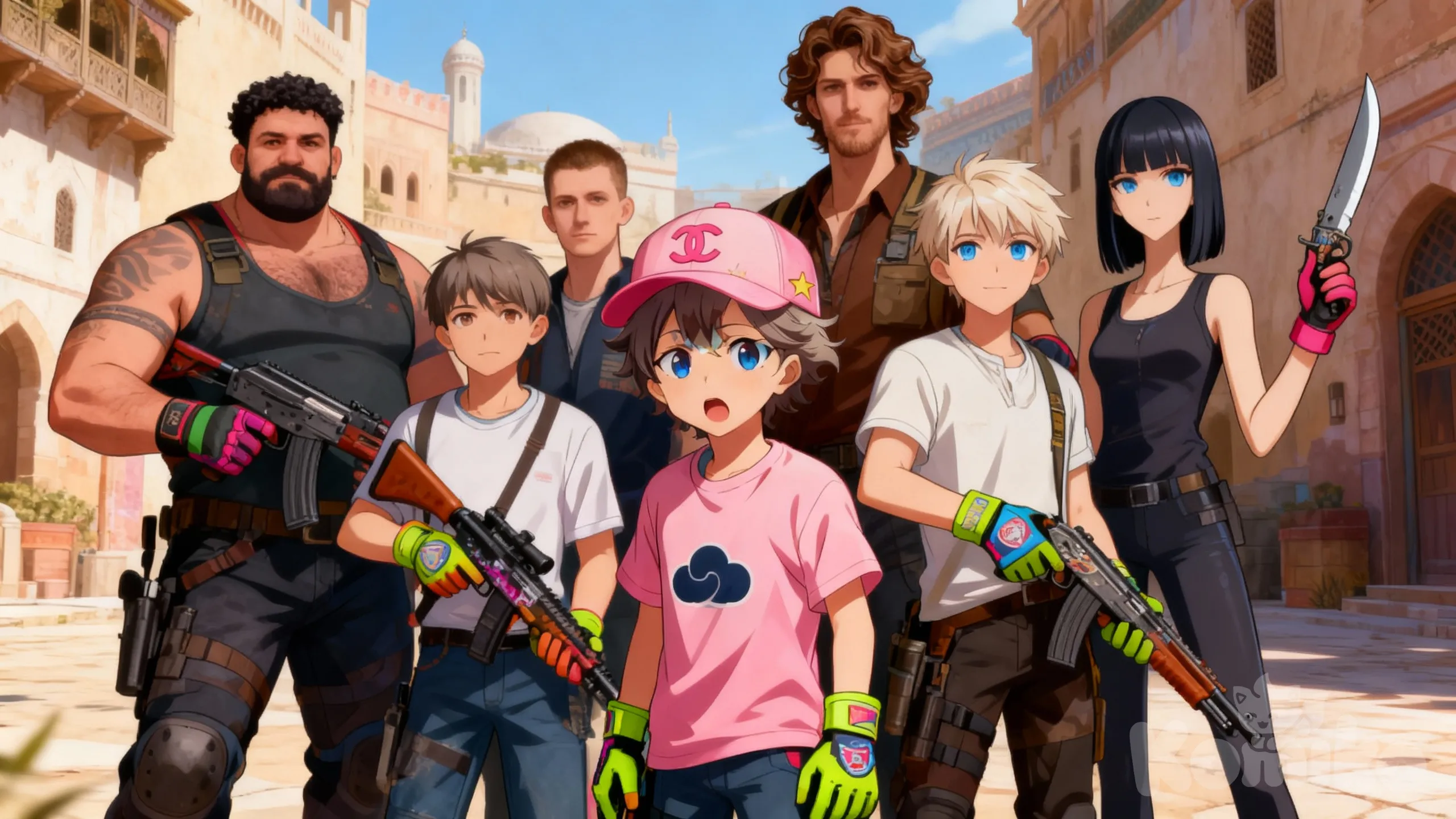 @goshan-2-Y0KL Стоит со своими друзьями Денчиком(он большой, атлетичный Европеец с широким лицом и тёмными кудрявыми волосами(виски короткие)), Стасом(низкий и похож на OG BUDA), Ильёй( Коричневые волнистые волосы, высокий рост), Артёмом(Светлые волосы, голубые глазха средний рост, чуть выше Стаса) и Миша(Выше всех, тёмные прямые волосы КАРЕ ниже плеч, худой, голубые глаза). На руках у них надеты перчатки с яркими скинами. В руках они держат разные оружия(ak, Awm, knifes, shotguns. оружия все со Скинами) На фоне локация похожая на легендарную карту MIRAGE. Все они красивые и в стиле аниме. И все в стилистике как главный герой