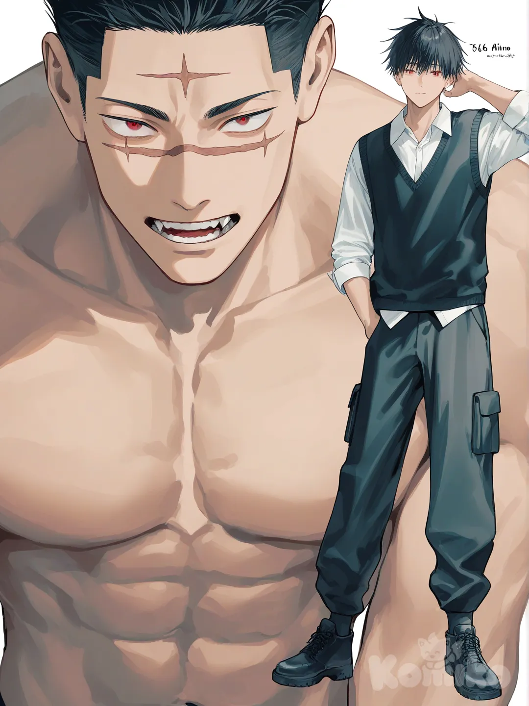 [soft-pastel-style] 1boy, jujutsu kaisen, demon, teenager, muscular, tall, red eyes, scar, tan skin, black hair, side-parted hair, vest, cargo pants, single character, full body, looking at viewer, simple background, white background