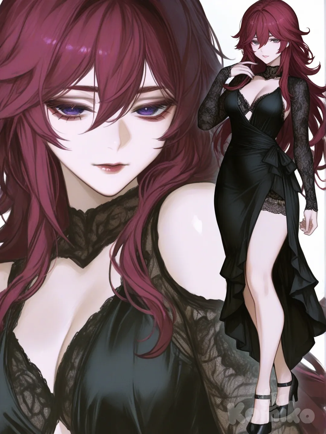 [semi-realistic-portrait-style] 1girl, genshin_impact, original_character, demon, vampire, teenager, curvy, purple_eyes, fair_skin, black_dress, lace, single character, full body, looking at viewer, anime style, simple background, white background