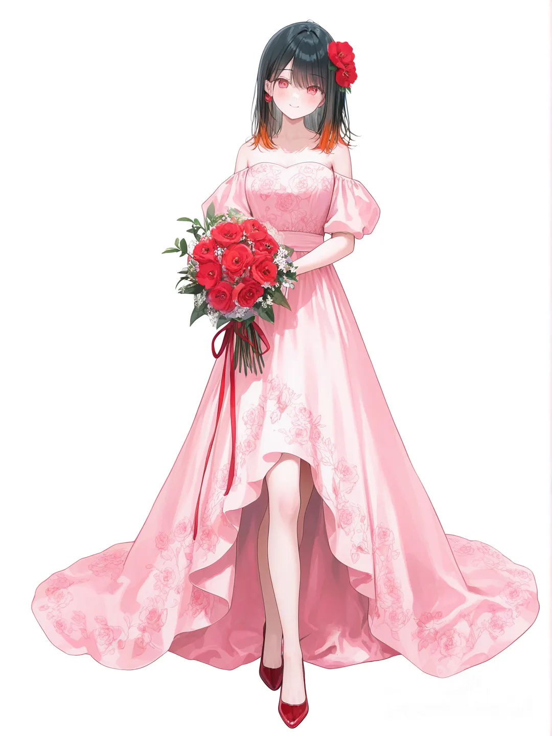 [soft-pastel-style] 1girl, black hair, orange tips, bright pinkish red eyes, sweet smile, red flower in hair, bridesmaid dress, red heels, holding small bouquet, variety of pink flowers, semi-realistic portrait style, single character, full body, looking at viewer, simple background, white background