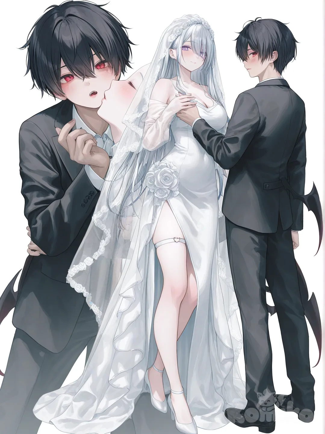 [soft-pastel-style] 1boy, 1girl, kissing, lips, demon, vampire, solo focus, teenager, muscular, tall, curvy, black hair, silver hair, long hair, red eyes, purple eyes, fair skin, tan skin, suit, evening dress, wedding veil, full body, looking at viewer, anime style, simple background, white background