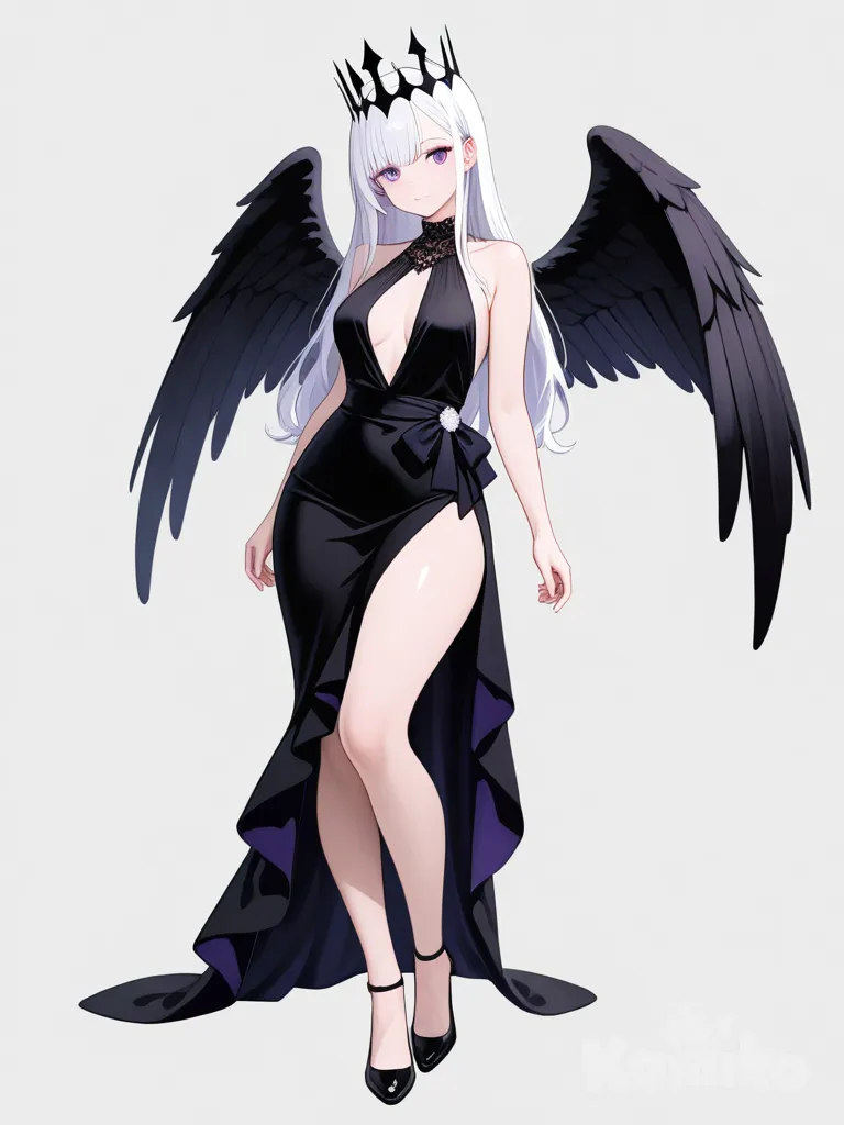 1girl, semi_realistic, anime_style, teenager, curvy, slim, white_hair, long_hair, purple_eyes, fair_skin, black_evening_dress, lace, crown, black_angel_wings, single_character, full_body, looking_at_viewer, simple_background, white_background