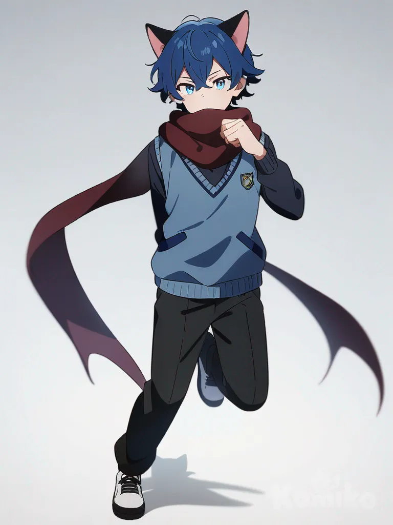 1boy, demon, teenager, short, blue hair, blue eyes, fair skin, school vest, school uniform, cat ears, scarf, single character, full body, looking at viewer, anime style, simple background, white background