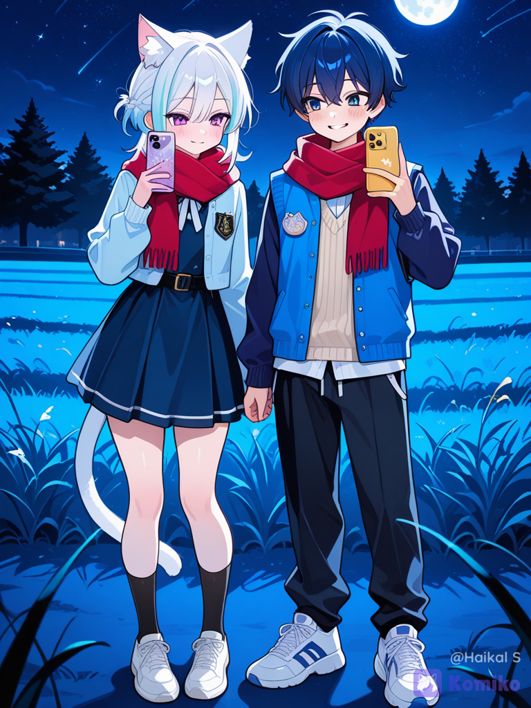 1boy, 1girl, 2people, @naven-vayne-new-eXur, @elyra-windelle-dress-6Q6g, group selfie, portrait, night, field