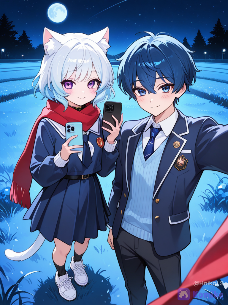 1boy, 1girl, 2people, @naven-vayne-new-eXur, @elyra-windelle-dress-6Q6g, group selfie, portrait, night, field