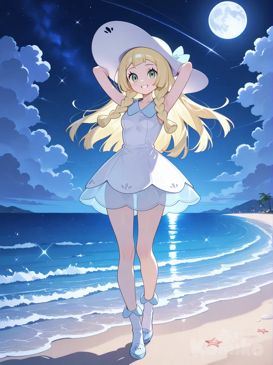 @Lillie_(Pokemon), Beach, up arms, full body, full moon, Smile