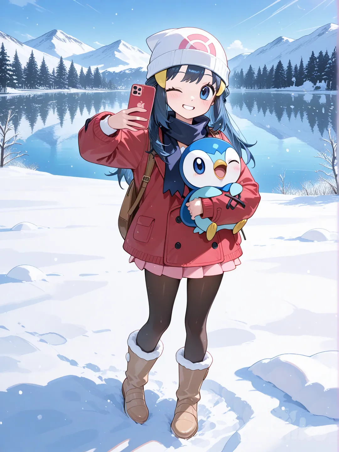 @Piplup, @Dawn_(Pokemon), snow, full body, snowy, lake, hug, smile, selfie, one eye closed
