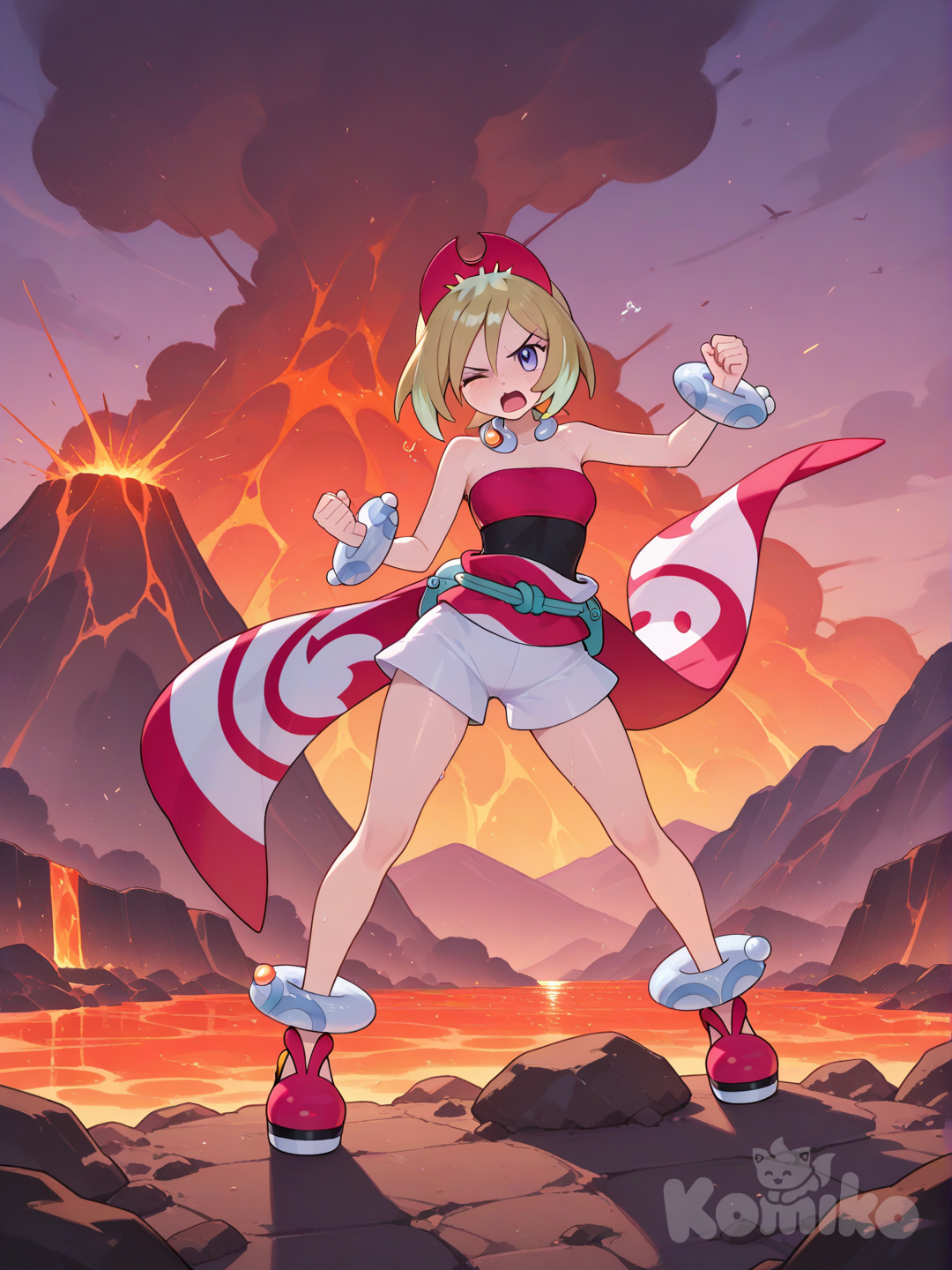 @Irida_(Pokemon), Volcano, lava, fellen hot, Full body, angry, open mouth, one eye closed