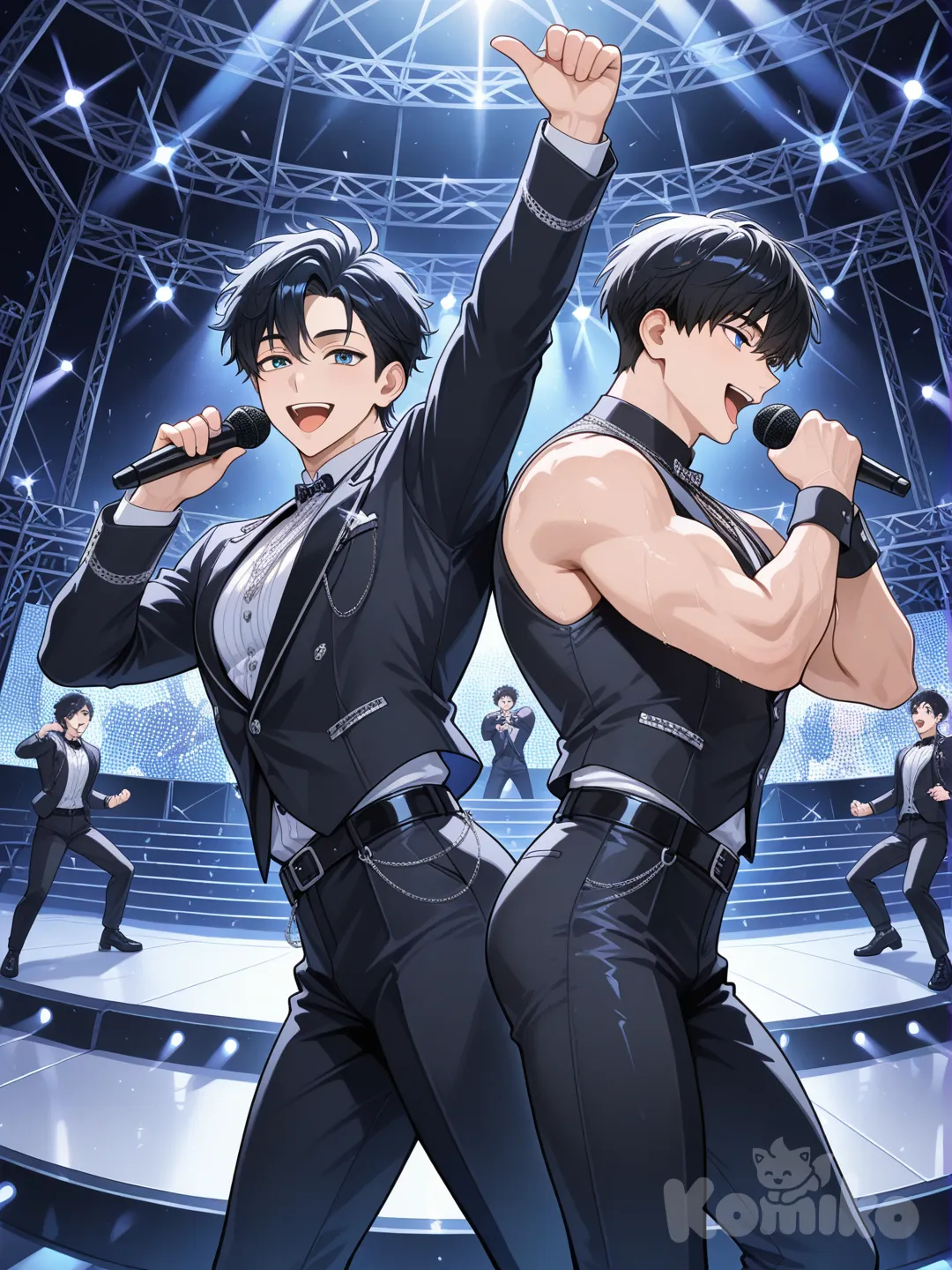 2boys, big boy, singing, dancing, short hair, black hair, blue eyes