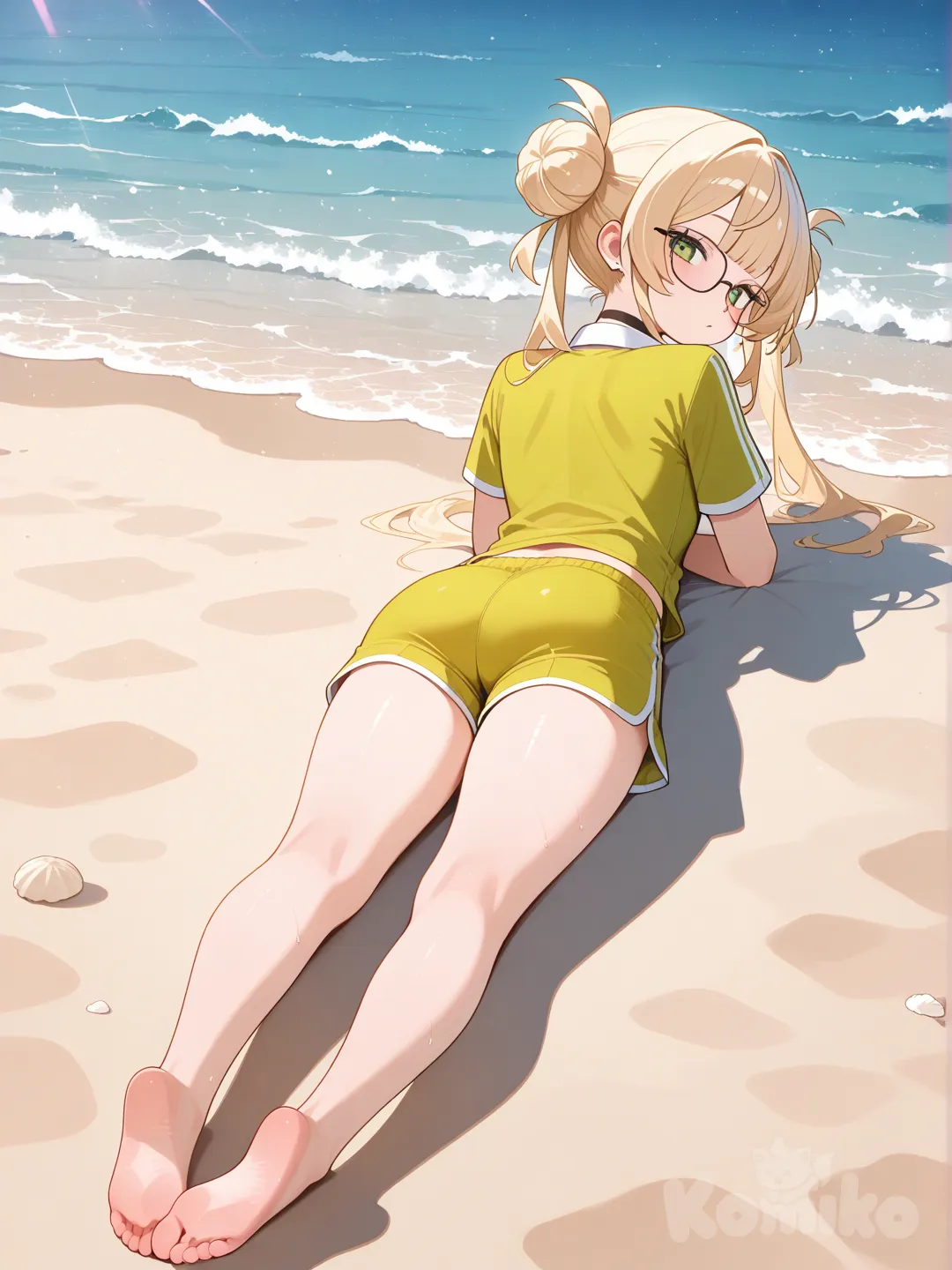 1girl, lie on stomache, head tilt, polo shirt, beach shorts, choker, glasses, double buns, blonde hair, full body, from below