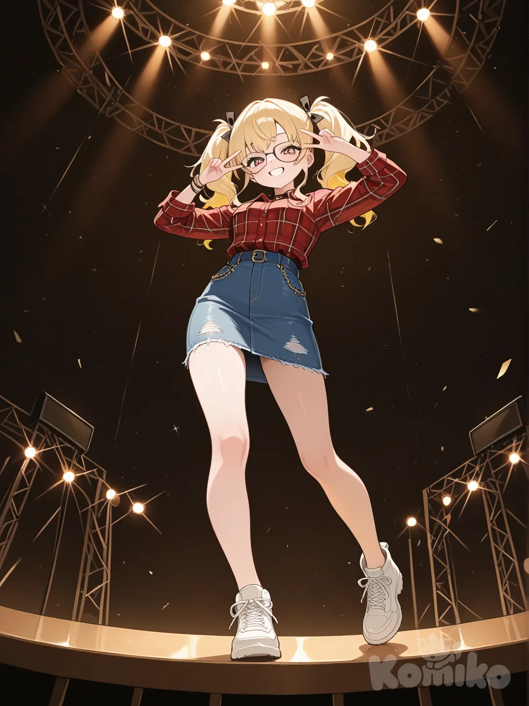 1girl, smile, dancing, plaid shirt, denim skirt, glasses, double s, twin tails, blonde hair, full body, from below, stage light