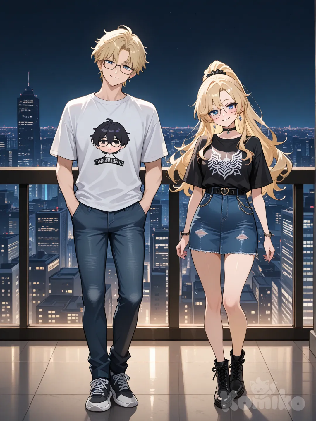1boy, 1girl, hands in pockets, head tilt, t-shirt, denim skirt, earrings, choker, glasses, blonde hair, high ponytail, full body, cinematic lighting, skyscraper