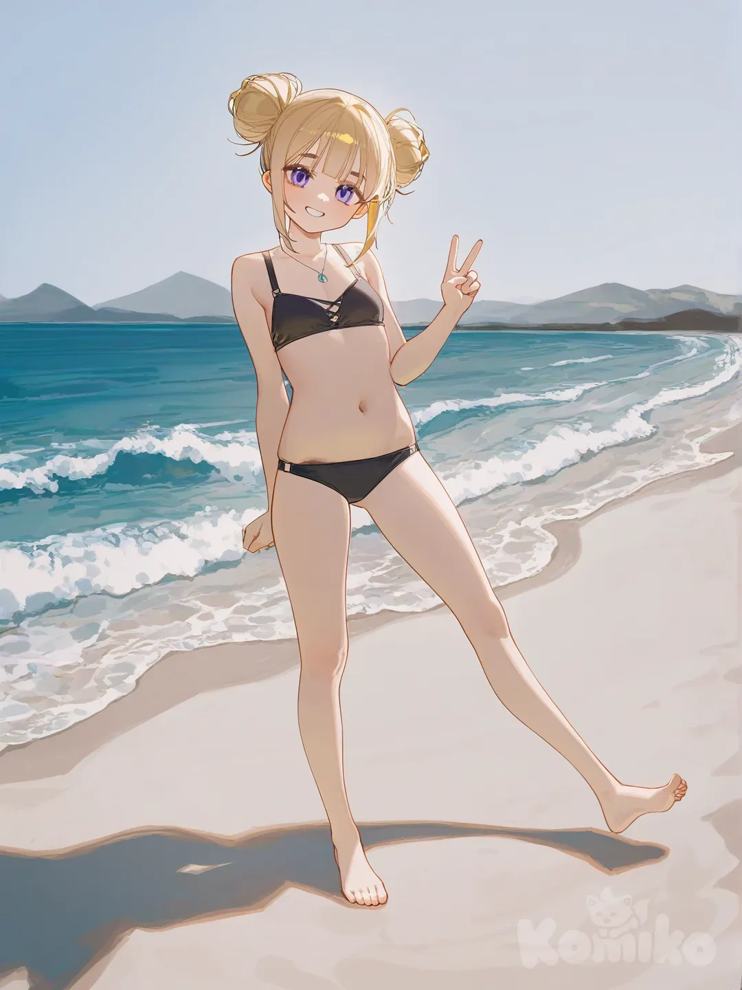 1girl, [lacquered-illustration-style], v sign, head tilt, smile, bikini, necklace, blonde hair, double buns, full body, cinematic lighting, beach