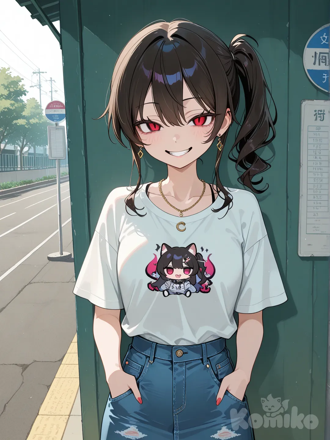 1girl, hands in pockets, t-shirt, denim skirt, necklace, earrings, side ponytail, looking at viewer, evil smile, bus stop