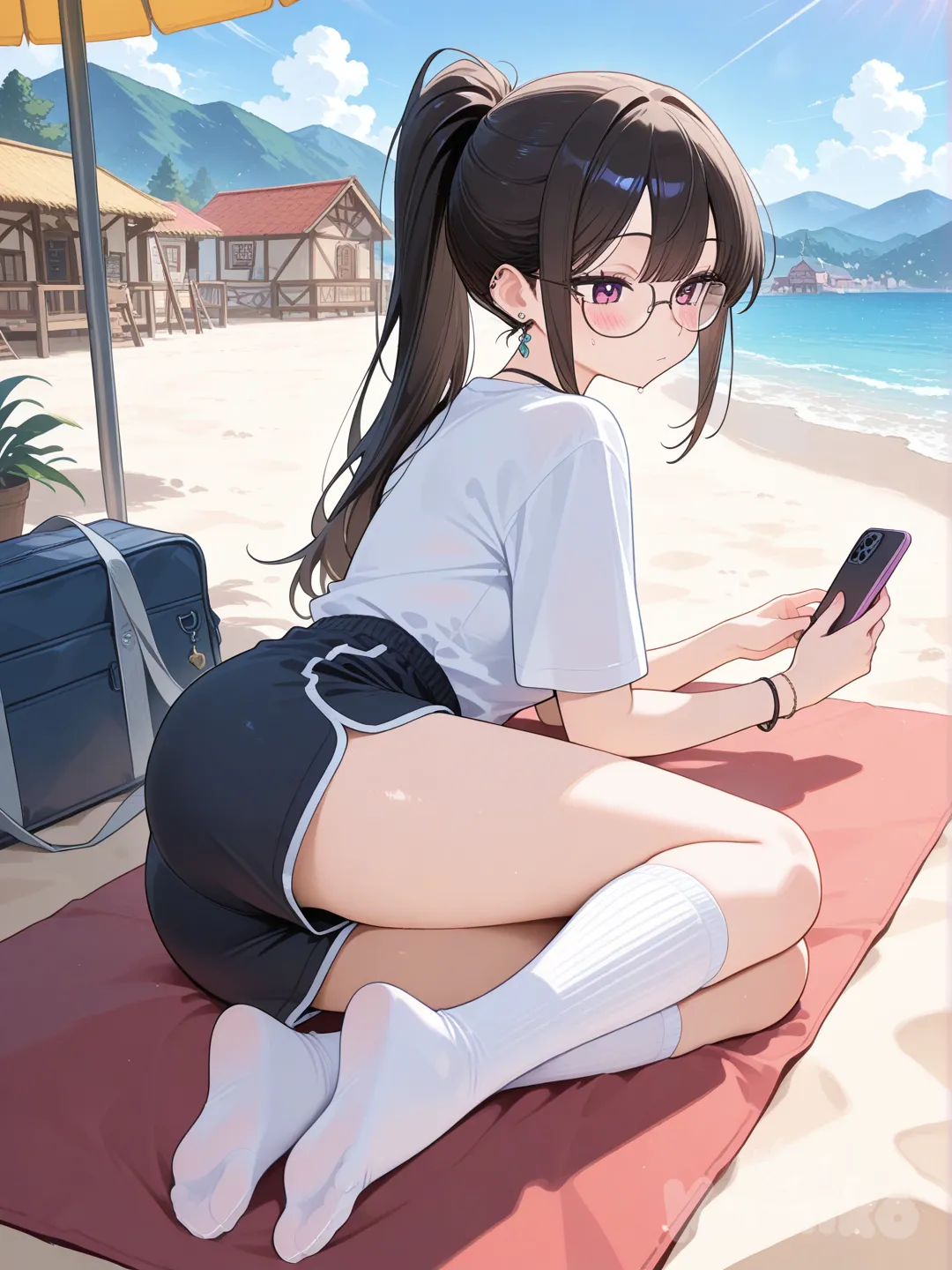1girl, lie on stomache, looking at phone, blush, bohemian shirt, beach shorts, knee-high socks, glasses, earrings, high ponytail, full body, village