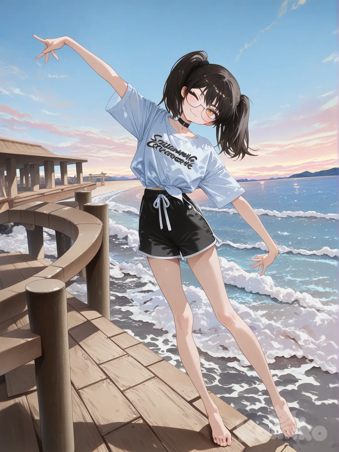1girl, [high-gloss-illustration-style], bohemian shirt, barefeet, beach shorts, choker, glasses, head tilt, dancing, smirk, one eye closed, twin tails, full body, pier