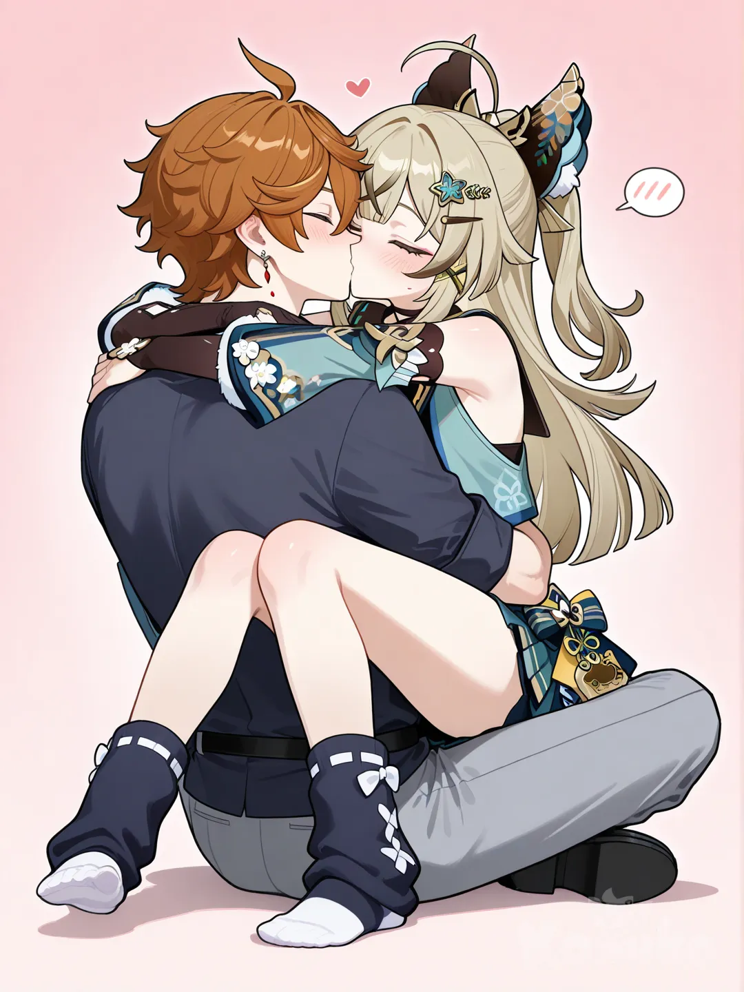 Tartaglia (Genshin Impact), Kirara (Genshin Impact), 2people, kissing, hugging, sitting on lap, blush, full body